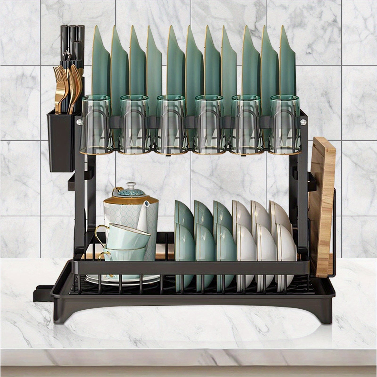Dish Drying Rack, Multifunctional Dish Rack, Rustproof Kitchen Dish Drying Rack with Drainboard, Space-Saving 2-Tier Dish Drying Rack for Kitchen Counter, Rustproof & Sturdy, Black