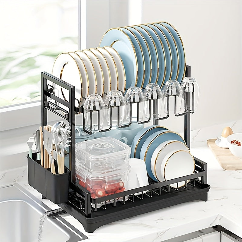 Large 2-Tier Dish Drying Rack for Kitchen Counter, Detachable Large Capacity Dish Drainer Organizer with Utensil Holder, Dish Drying Rack with Drain Board, Plate, Silverware, Pots and Pans Drying Rack for Kitchen