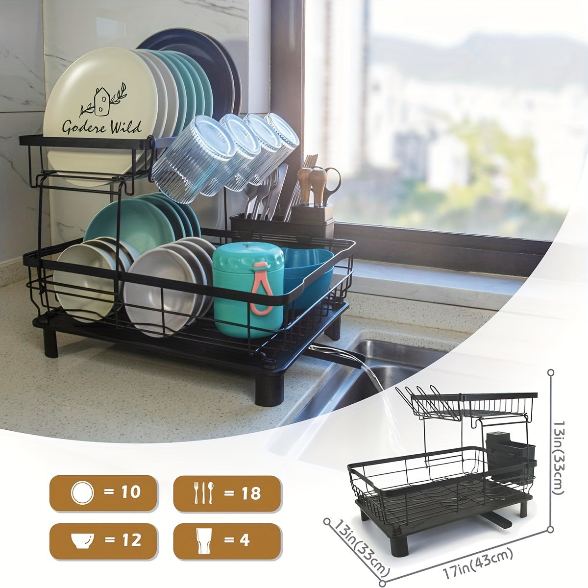 Dish Drying Rack - Large-Capacity Dish Drainer | Kitchen Counter Organizer with Cutlery Holder for Dishes, Spoons, and Forks