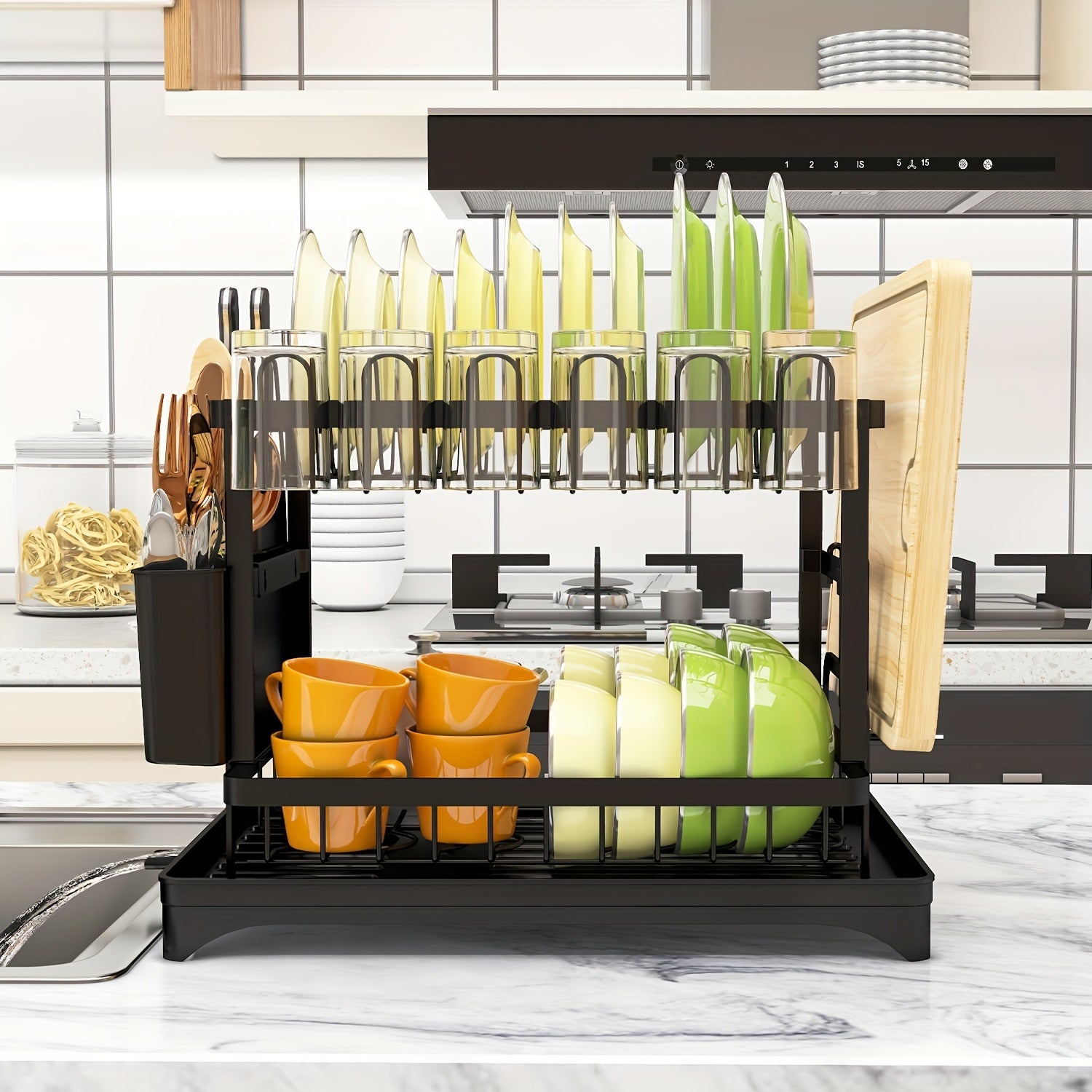 Dish Drying Rack, 2-Tier Dish Racks For Kitchen Counter, Dish Rack With Drainboard & Mat, Dish Drainer With Knife, Fork & Cup Rack, Gifts For Women, Mothers Day, Cool Stuff & Kitchen Gadgets