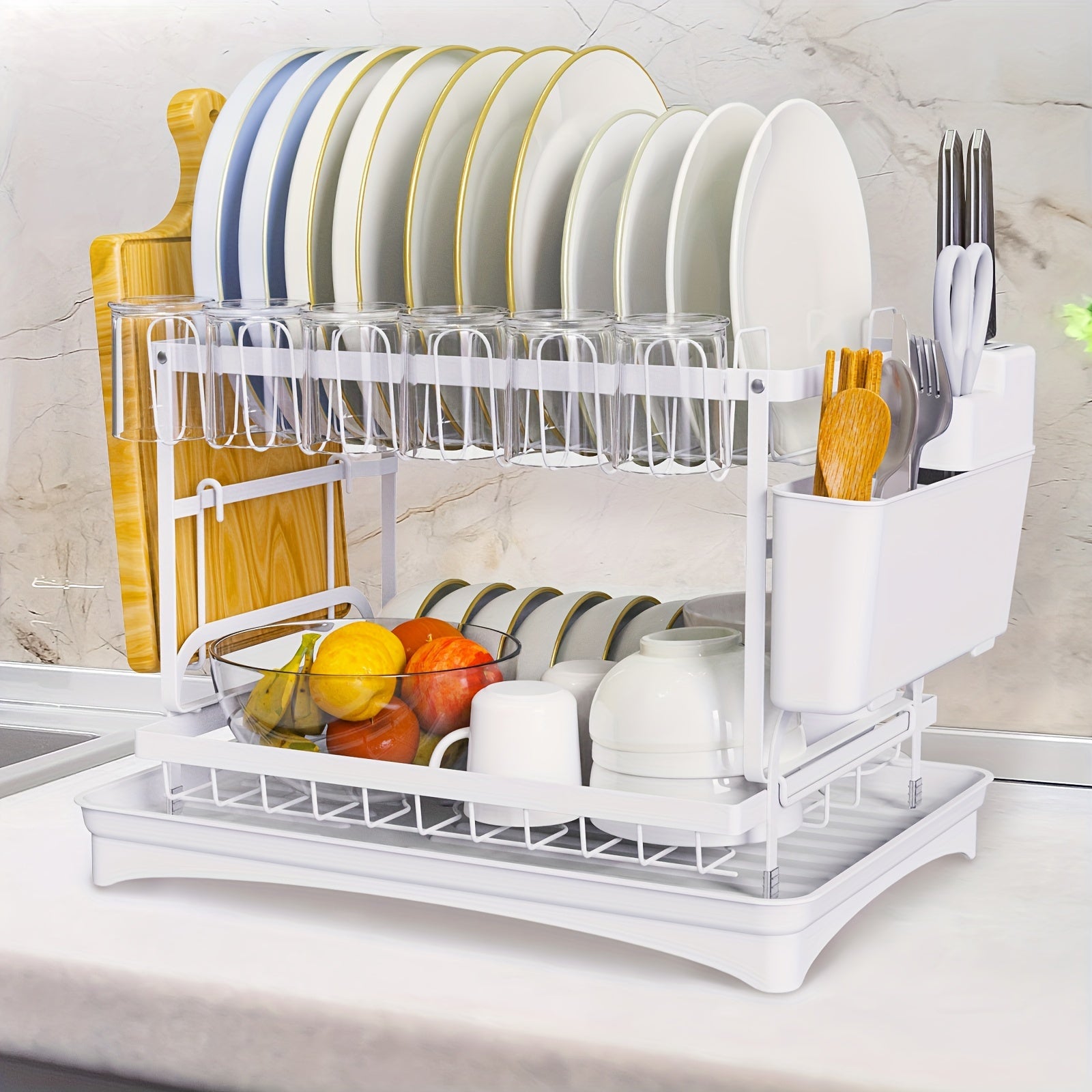Dish Drying Rack, Multifunctional Dish Rack, Rustproof Kitchen Dish Drying Rack with Drainboard, Space-Saving 2-Tier Dish Drying Rack for Kitchen Counter, Rustproof & Sturdy, Black