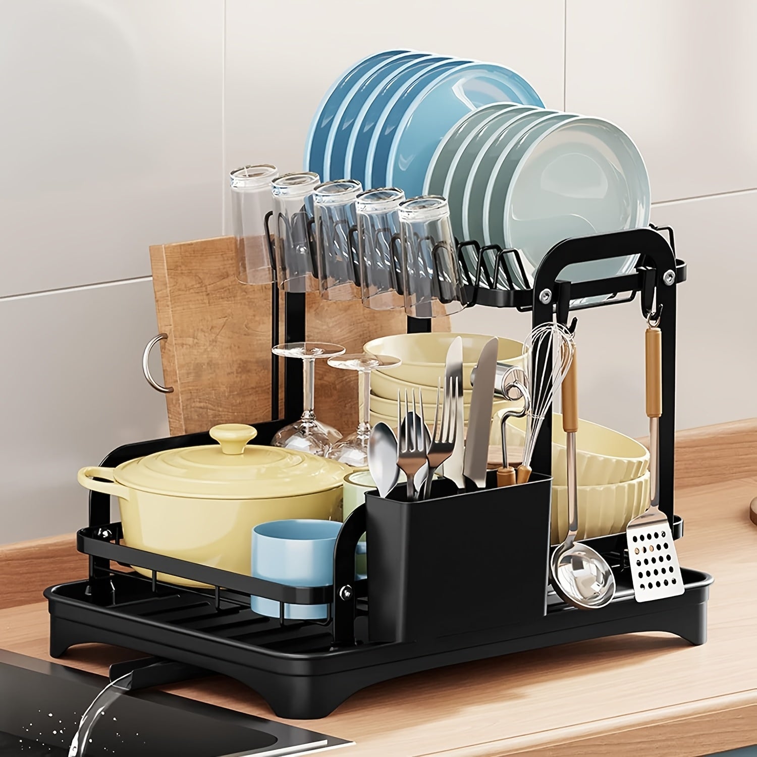 2 Tier Dish Rack With Drainboard, Dish Drying Rack 2 Tier Drainer Kitchen Counter, Cutlery Holder, Cutting-Board Holder, Cup Holder And 2 Hooks, Large Dish Racks