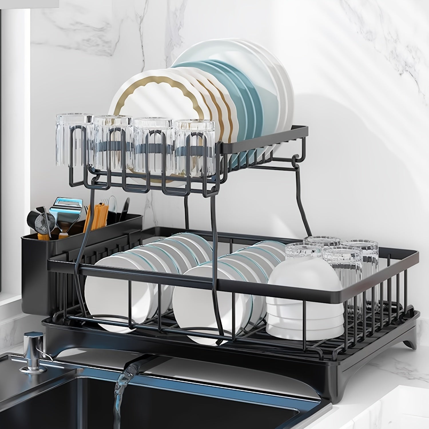 Dish Drying Rack, Multifunctional Dish Rack, Rustproof Kitchen Dish Drying Rack with Drainboard, Space-Saving 2-Tier Dish Drying Rack for Kitchen Counter, Rustproof & Sturdy, Black