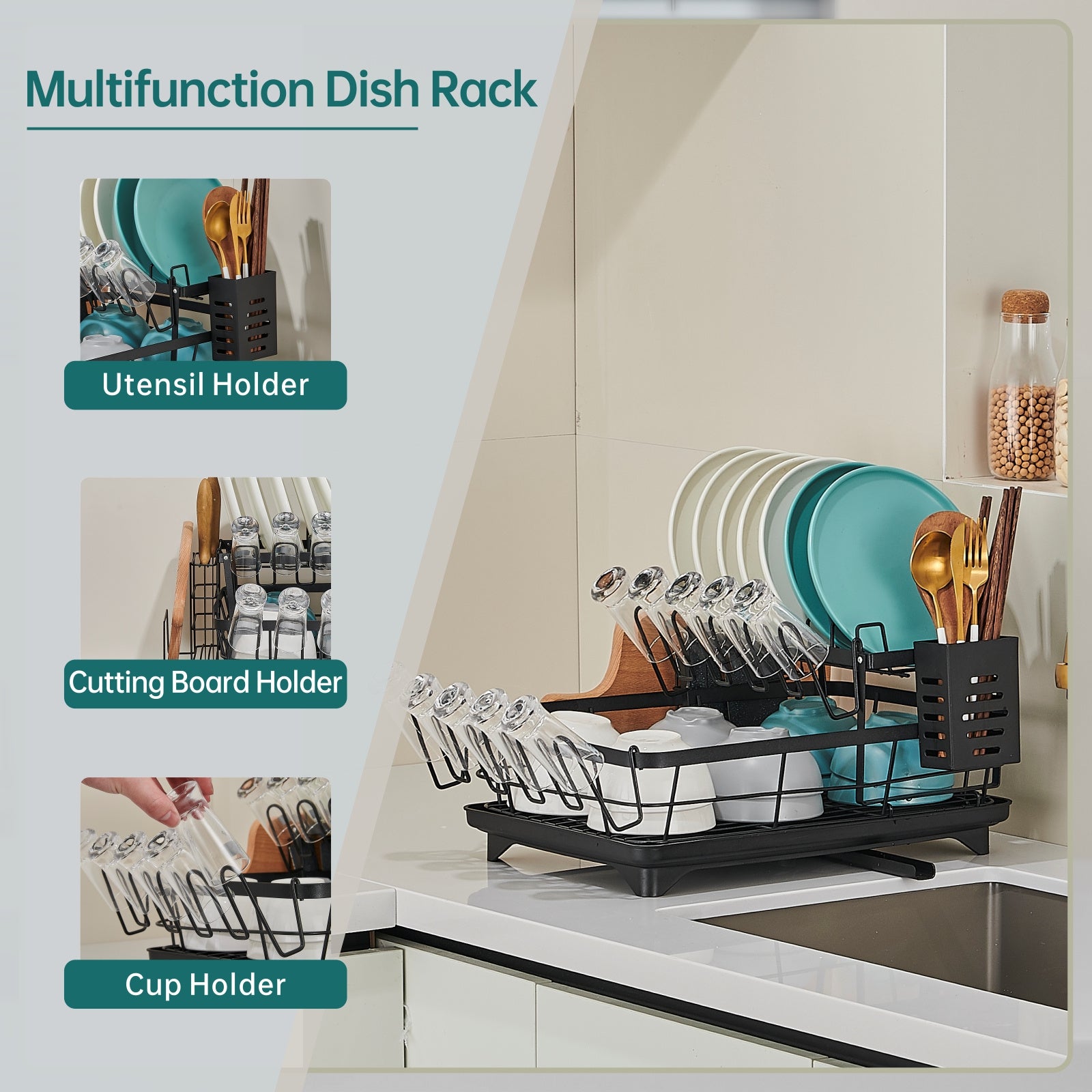 Kitchen double-layer bowl and chopstick rack, drain rack with drainage tray, dishwasher rack, dishwasher basket, stainless steel, knife holder, cutting board holder, chopstick holder, double-layer, rust proof large capacity automatic drainage bowl rack