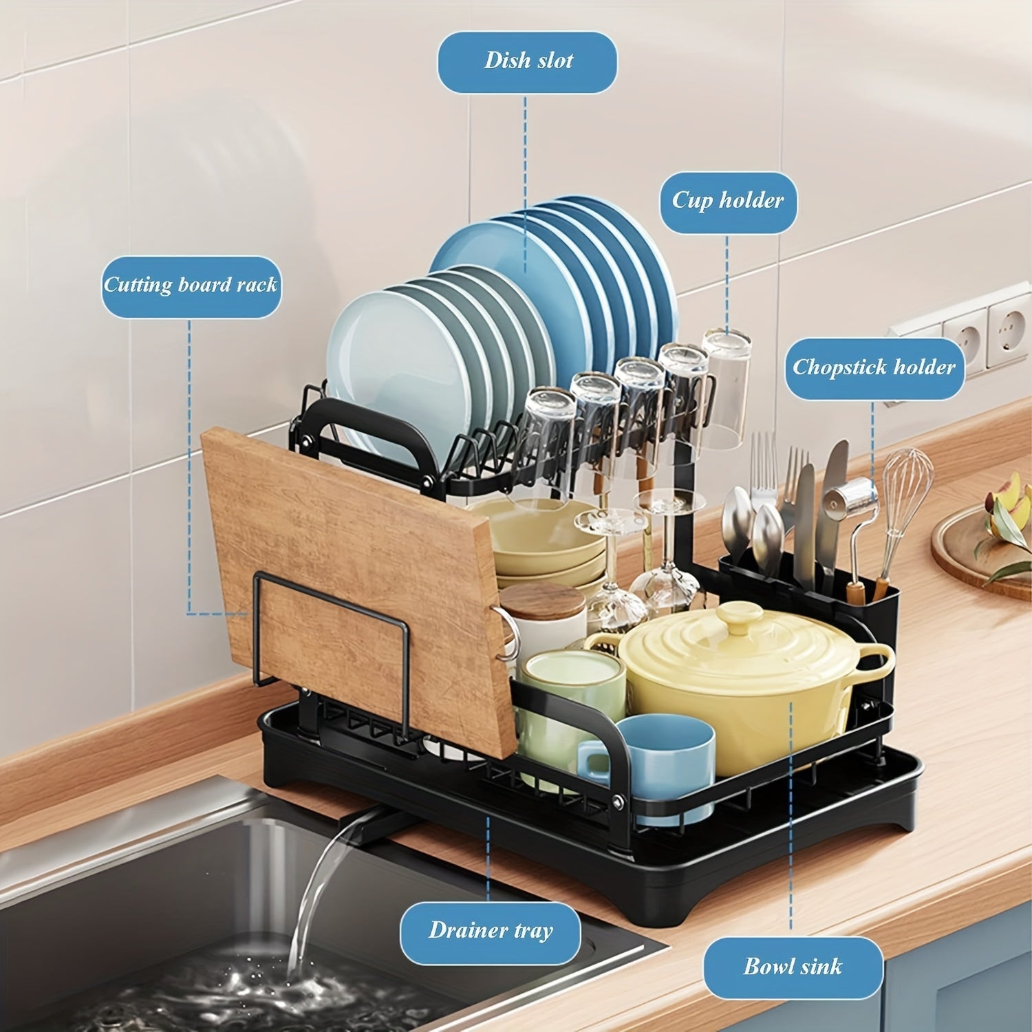 2 Tier Dish Rack With Drainboard, Dish Drying Rack 2 Tier Drainer Kitchen Counter, Cutlery Holder, Cutting-Board Holder, Cup Holder And 2 Hooks, Large Dish Racks