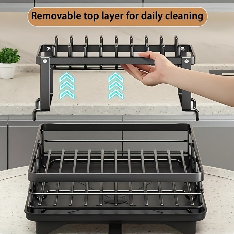 Heavy-Duty Dish Drying Rack - Space-Saving 2-Tier Dish Drainer with Drainboard, Plate, Bowl, Cup, Knife, Fork Rack - Compact Kitchen Organizer for Countertop, Sink - Ideal Mother's Day Gift for Women, Home & Restaurant Use, Sleek Design, Durable