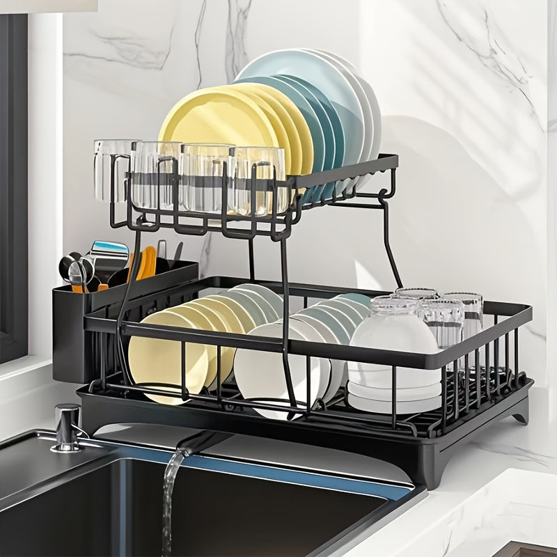 2-Tier Dish Drying Rack X-Large Stainless Steel Dish Rack For Kitchen Counter Dish Rack With Drainboard - Detachable, Carbon Steel Kitchen Organizer For Dishes, Cups & Cutlery Space-Saving Kitchen Organizers And Storage, Mother'S Day Gift