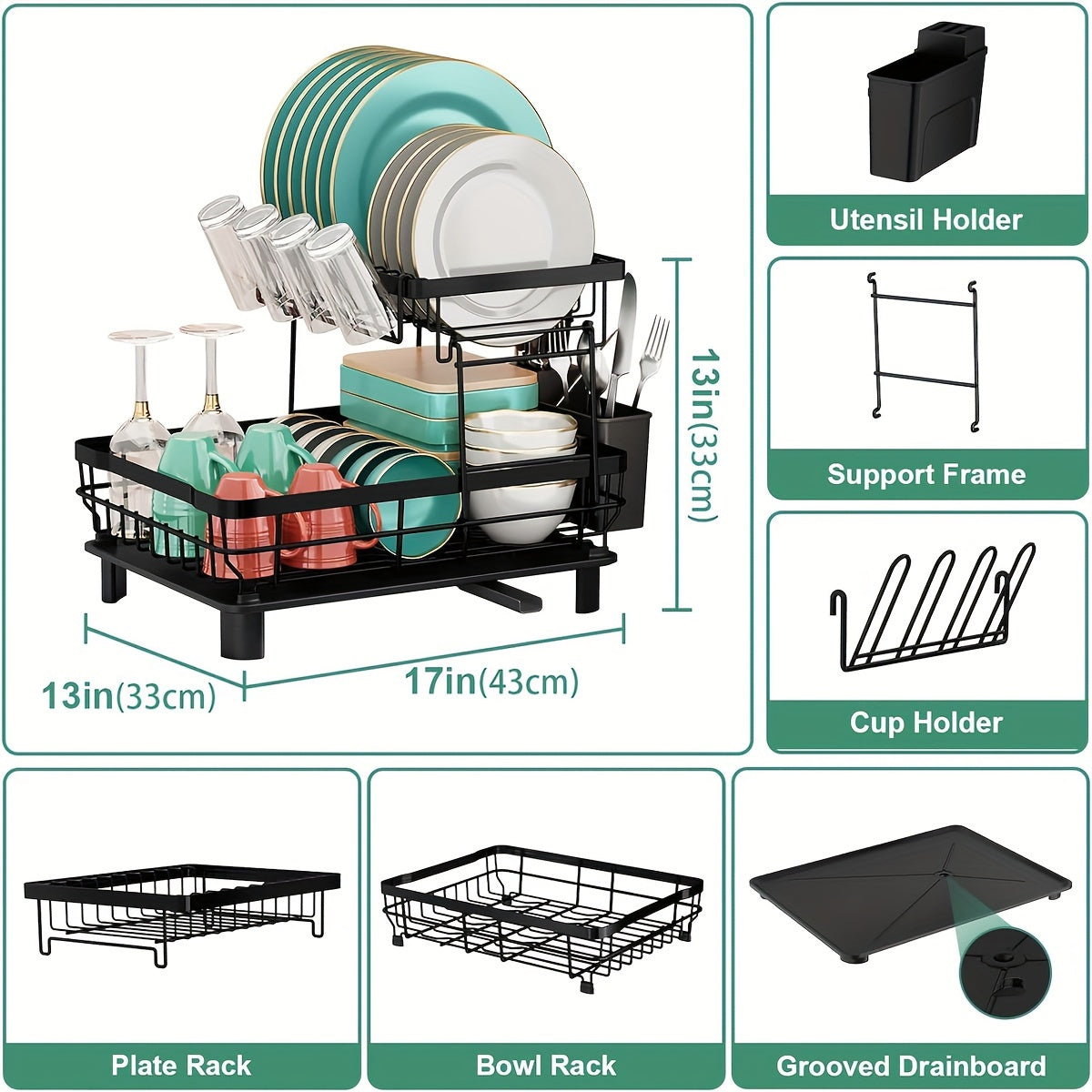 [2-Tier Dish Drying Rack] Large Capacity 2-Tier Dish Drying Rack for Kitchen Counter | Removable Utensil Holder, Drainboard, Kitchen Sink