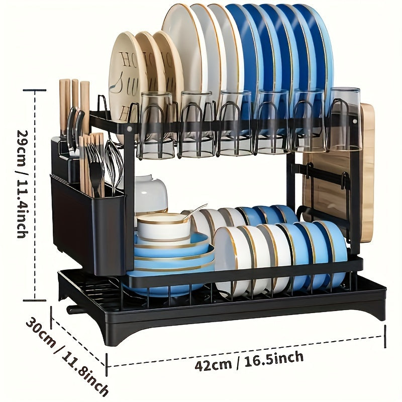 1pc Large 2-Tier Stainless Steel Dish Drying Rack with Drip Plate - Space-Saving Kitchen Counter Organizer for Dishes, Knives, Cups, Cutting Boards - Multi-Use, No Assembly Required, Dish Drying Rack for Kitchen Counter, Utility Racks