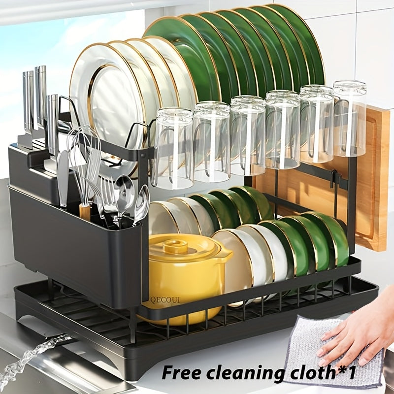 Multifunctional Dish Rack Organizer, Rustproof 2-Tier Dish Drying Rack with Drainer Plate, Space Saving for Cutlery, Knives, Wooden Cutting Boards - Modern Kitchen Shelf | Durable Metal Construction Kitchen Organizer Free Cleaning Cloth White, Dish Rack