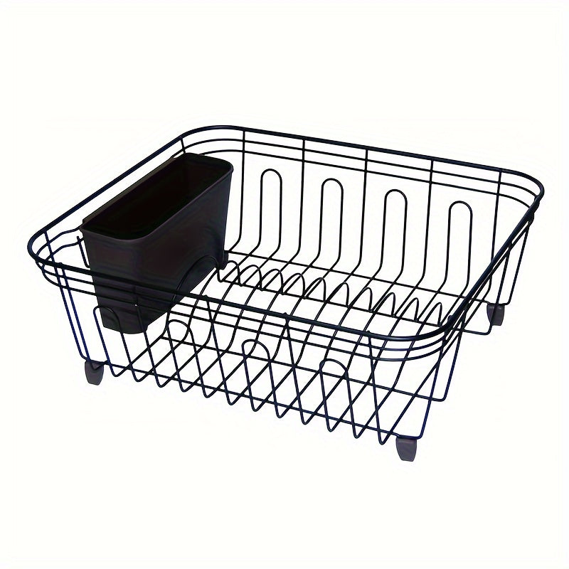 Iron Dish Drying Rack with Utensil Holder, Rust-Resistant Grooved Drain Strainer with Strong Load-Bearing Capacity for Home Kitchen Storage