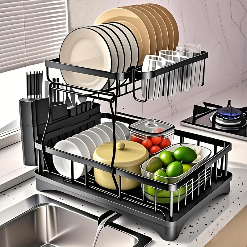 2-Tier Dish Drying Rack X-Large Stainless Steel Dish Rack For Kitchen Counter Dish Rack With Drainboard - Detachable, Carbon Steel Kitchen Organizer For Dishes, Cups & Cutlery Space-Saving Kitchen Organizers And Storage, Mother'S Day Gift