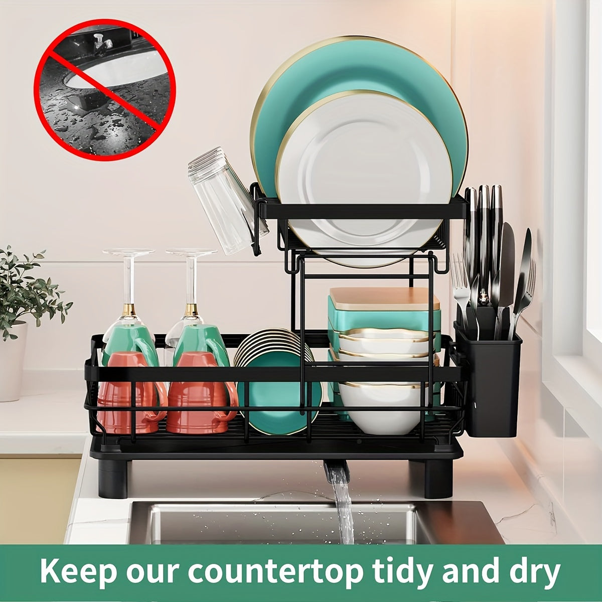 [2-Tier Dish Drying Rack] Large Capacity 2-Tier Dish Drying Rack for Kitchen Counter | Removable Utensil Holder, Drainboard, Kitchen Sink