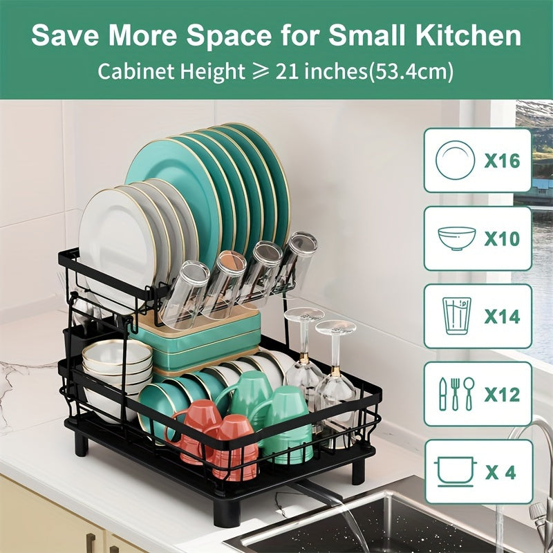2-Tier Dish Drying Rack, Large Collapsible Kitchen Sink Organizer, Black Dish Rack for Kitchen Countertop with Utensil Holder, Cup Holder and Chopping Board Holder