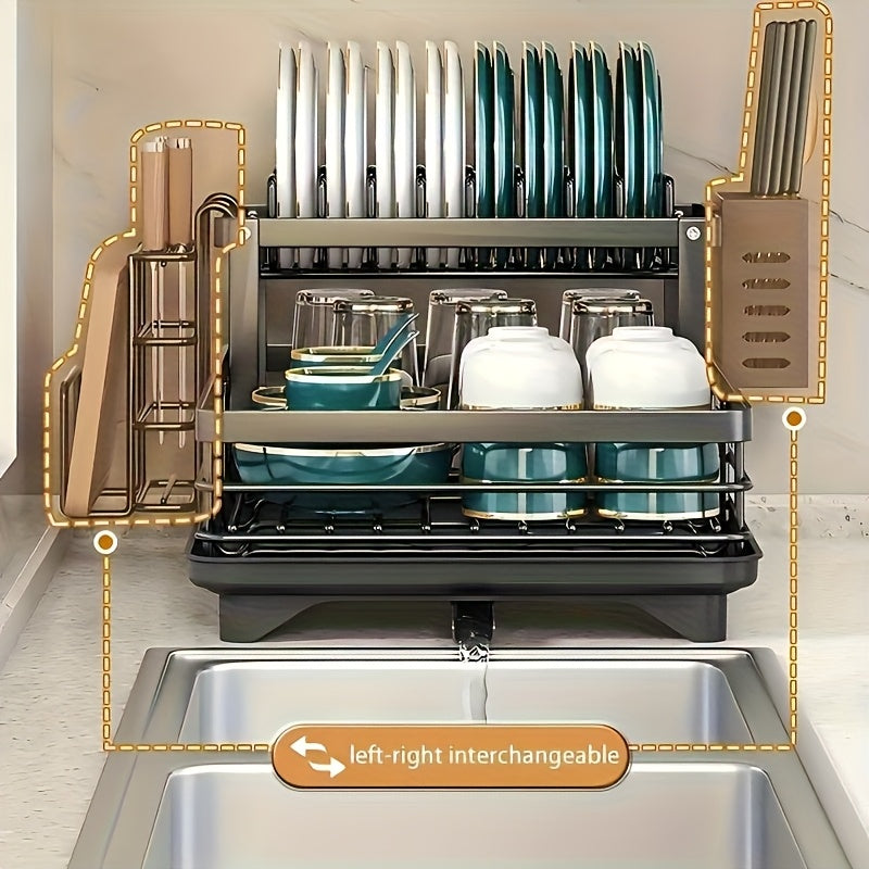 Heavy-Duty Dish Drying Rack - Space-Saving 2-Tier Dish Drainer with Drainboard, Plate, Bowl, Cup, Knife, Fork Rack - Compact Kitchen Organizer for Countertop, Sink - Ideal Mother's Day Gift for Women, Home & Restaurant Use, Sleek Design, Durable