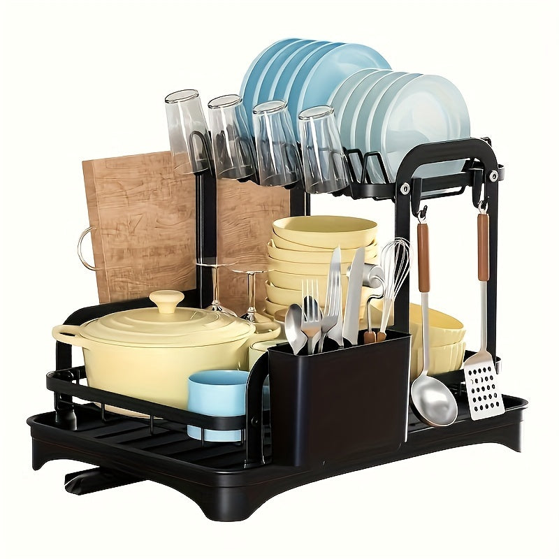 2-Tier Large Capacity Dish Rack - Space-Saving, Sturdy Metal Construction with Drainboard, Utensil Holders & Cutting Board Holder, Multi-Functional Kitchen Counter Organizer for Plates, Bowls, Cups & Utensils, Dish Drying Rack