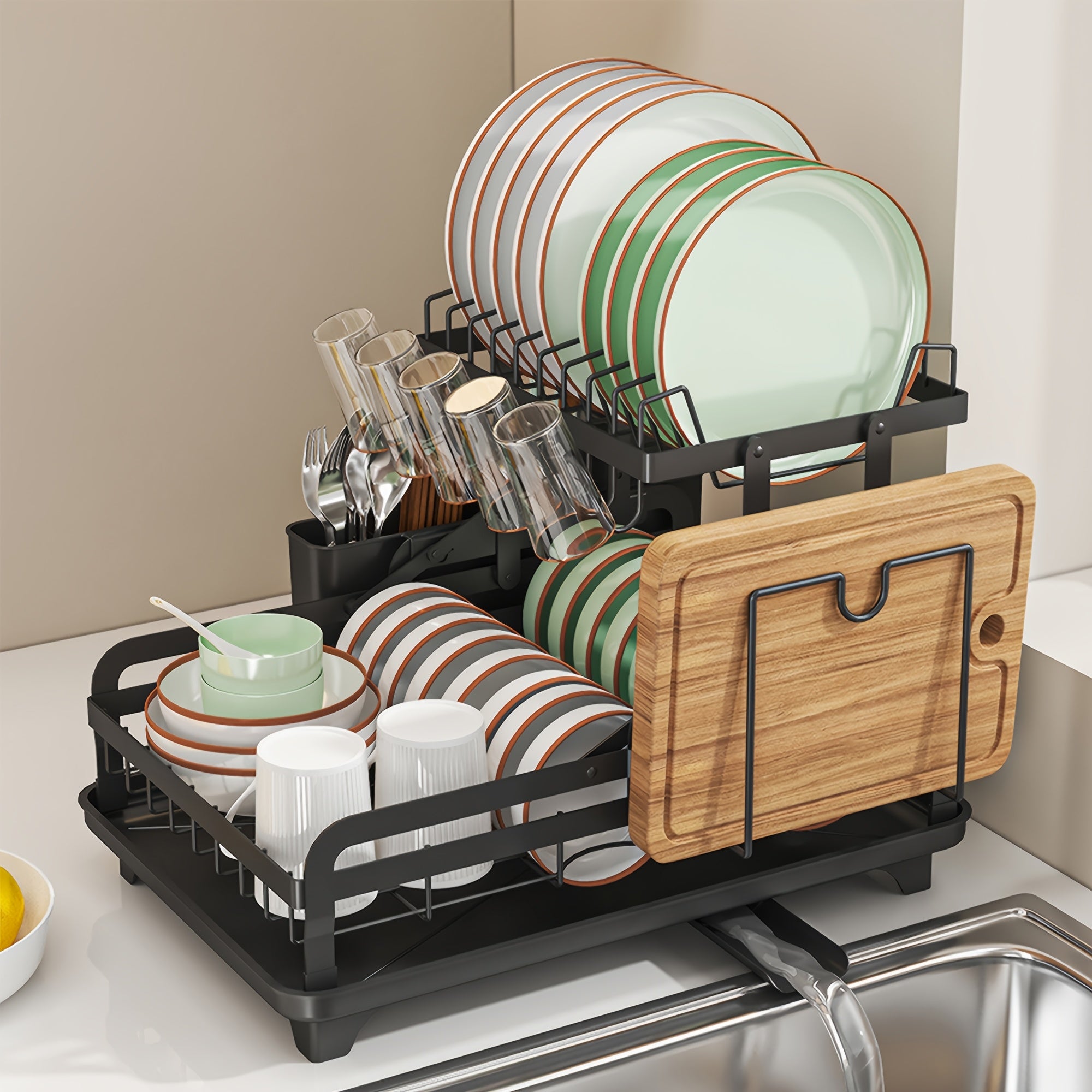 1pc Large 2-Tier Carbon Steel Dish Drying Rack With Drainboard, Glass & Utensil Holders, And Extra Drying Mat - Rust-Resistant Metal Dish Drainer For Kitchen Countertop, Black