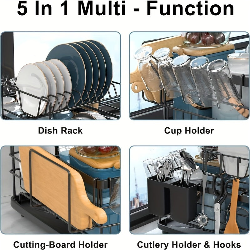 2-tier Dish Drying Rack, With Draining Board, Utensil Holder, Cutting Board/cup Rack, And 3 Hooks, Suitable For Kitchen Countertops, Rust-proof Large-capacity Dish Drainer, Black.