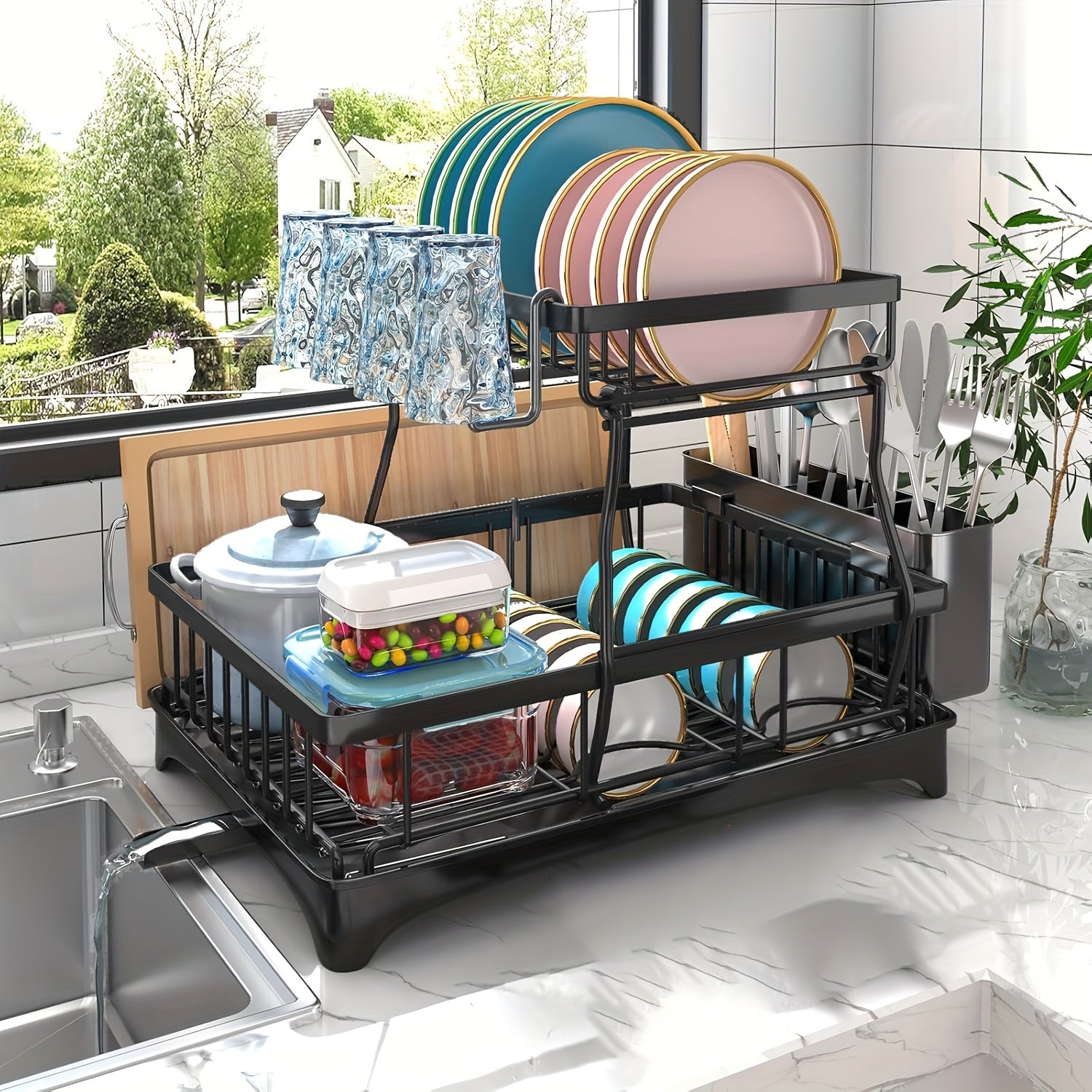 Dish Drying Rack, 2-Tier Dish Racks For Kitchen Counter, Dish Rack With Drainboard & Mat, Dish Drainer With Knife, Fork & Cup Rack, Gifts For Women, Mothers Day, Cool Stuff & Kitchen Gadgets