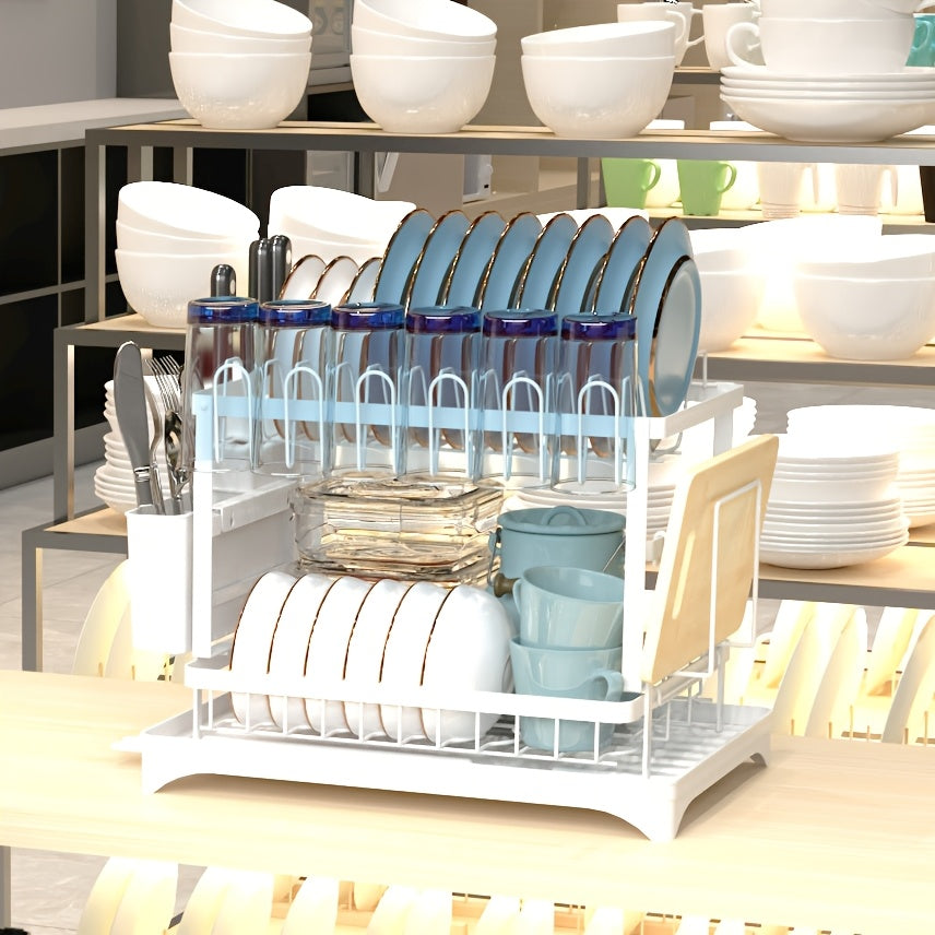 [2-Layer Metal Dish Rack] 2-Layer Metal Dish Drying Rack for Kitchen Countertops | Double Layer with Drain Board | Black Dish Rack for Restaurant & Business