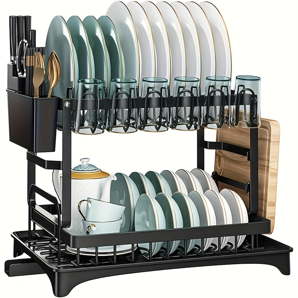 Two - Tier Kitchen Drying Rack with Utensil Holders - This Black, Detachable Metal Set Features a Drainboard And Is Designed As a Standing Shelf for Kitchen Counters. It'S Perfect for Drying Dishes And Keeping Utensils Within Reach. Use It in Any Kitchen