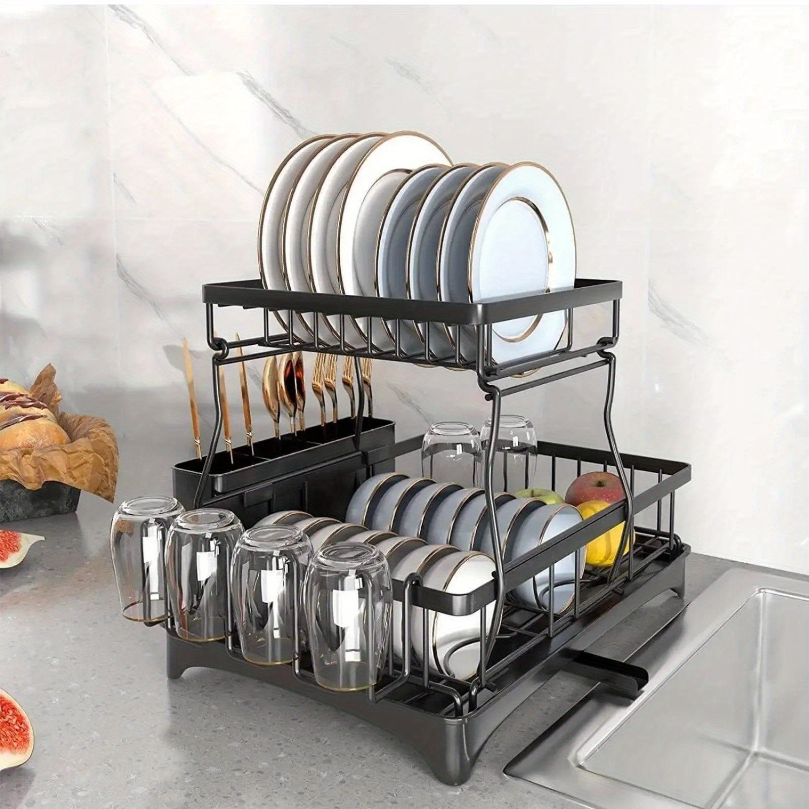 1pc Multifunctional Dish Rack - Double Layers, Space-Saving, Large Capacity, with Drainboard and Utensil Holders for Kitchen Counter Organization, Ideal Gift