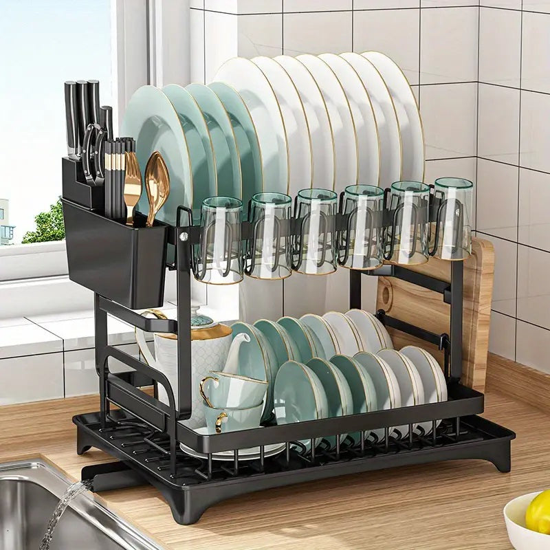 1pc Multifunctional Dish Rack - Double Layers, Space-Saving, Large Capacity, with Drainboard and Utensil Holders for Kitchen Counter Organization, Ideal Gift