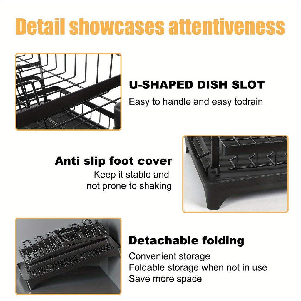 Dish Drying Rack, Multifunctional Dish Rack, Rustproof Kitchen Dish Drying Rack with Drainboard, Space-Saving 2-Tier Dish Drying Rack for Kitchen Counter, Rustproof & Sturdy, Black