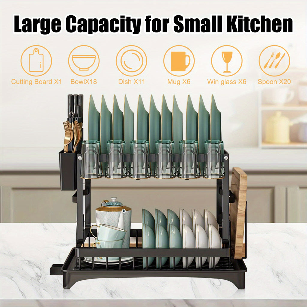 Dish Drying Rack, Multifunctional Dish Rack, Rustproof Kitchen Dish Drying Rack with Drainboard, Space-Saving 2-Tier Dish Drying Rack for Kitchen Counter, Rustproof & Sturdy, Black