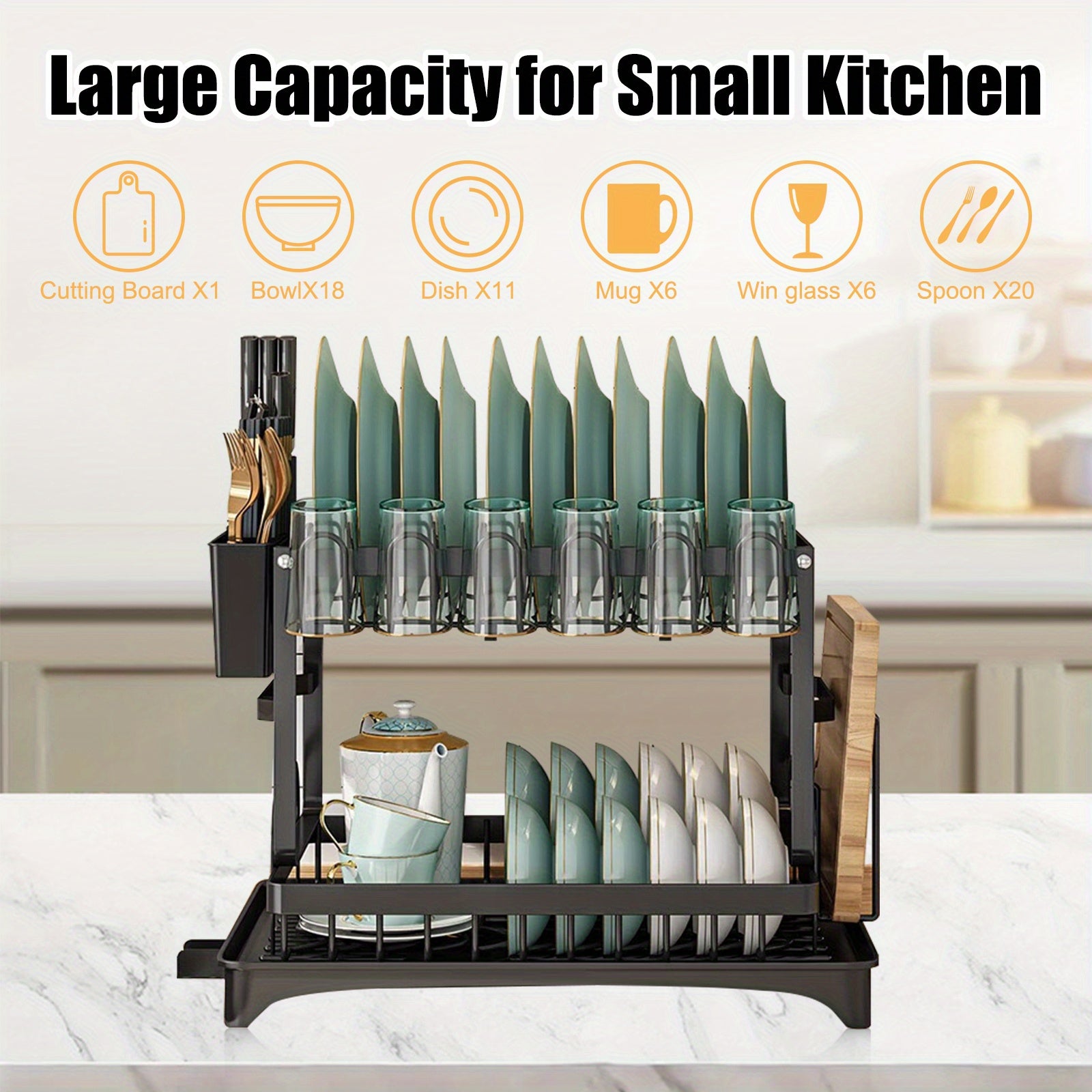 Dish Drying Rack, Multifunctional Dish Rack, Rustproof Kitchen Dish Drying Rack with Drainboard, Space-Saving 2-Tier Dish Drying Rack for Kitchen Counter, Rustproof & Sturdy, Black