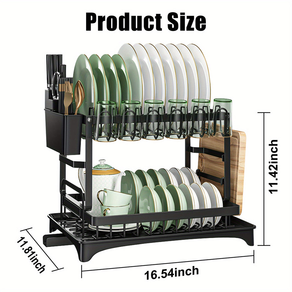 Dish Drying Rack, Multifunctional Dish Rack, Rustproof Kitchen Dish Drying Rack with Drainboard, Space-Saving 2-Tier Dish Drying Rack for Kitchen Counter, Rustproof & Sturdy, Black