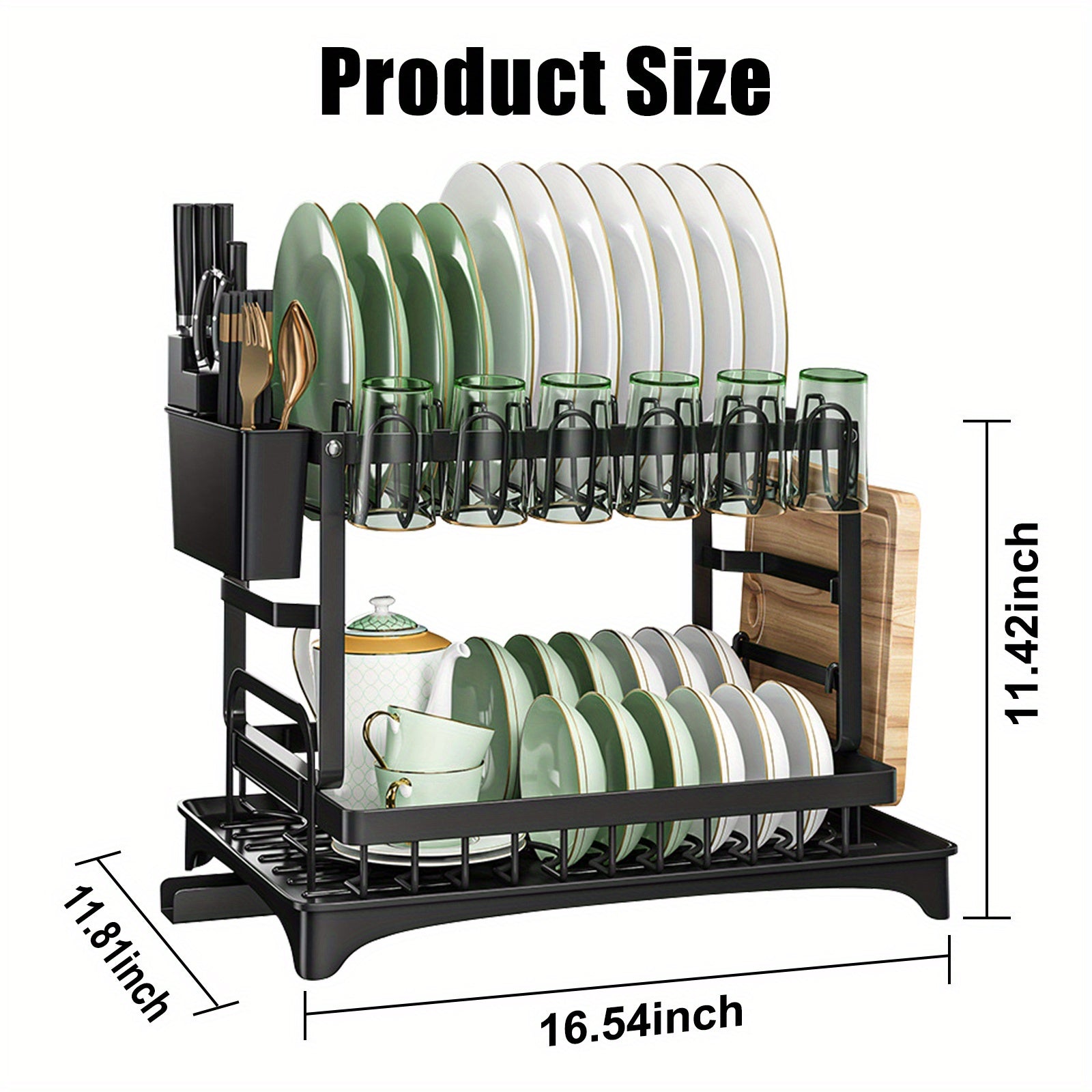 Dish Drying Rack, Multifunctional Dish Rack, Rustproof Kitchen Dish Drying Rack with Drainboard, Space-Saving 2-Tier Dish Drying Rack for Kitchen Counter, Rustproof & Sturdy, Black