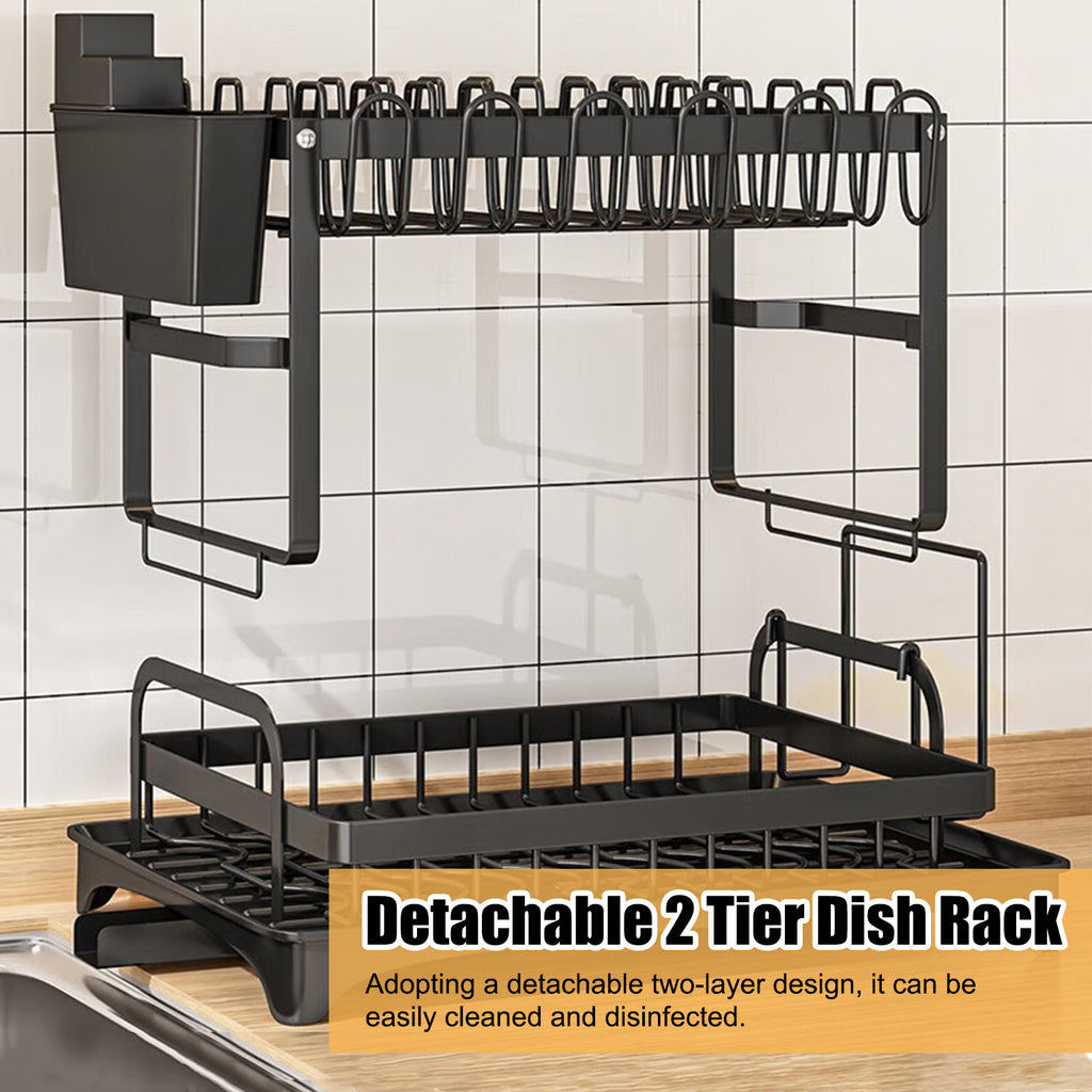Dish Drying Rack, Multifunctional Dish Rack, Rustproof Kitchen Dish Drying Rack with Drainboard, Space-Saving 2-Tier Dish Drying Rack for Kitchen Counter, Rustproof & Sturdy, Black