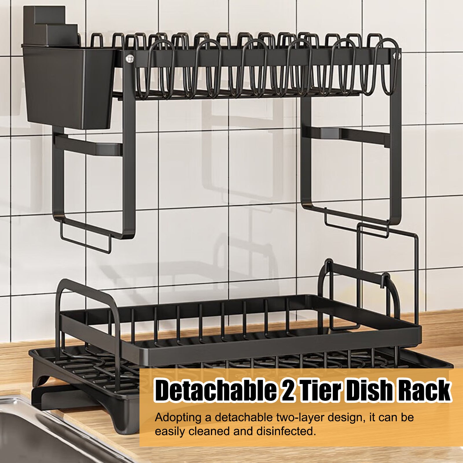 Dish Drying Rack, Multifunctional Dish Rack, Rustproof Kitchen Dish Drying Rack with Drainboard, Space-Saving 2-Tier Dish Drying Rack for Kitchen Counter, Rustproof & Sturdy, Black