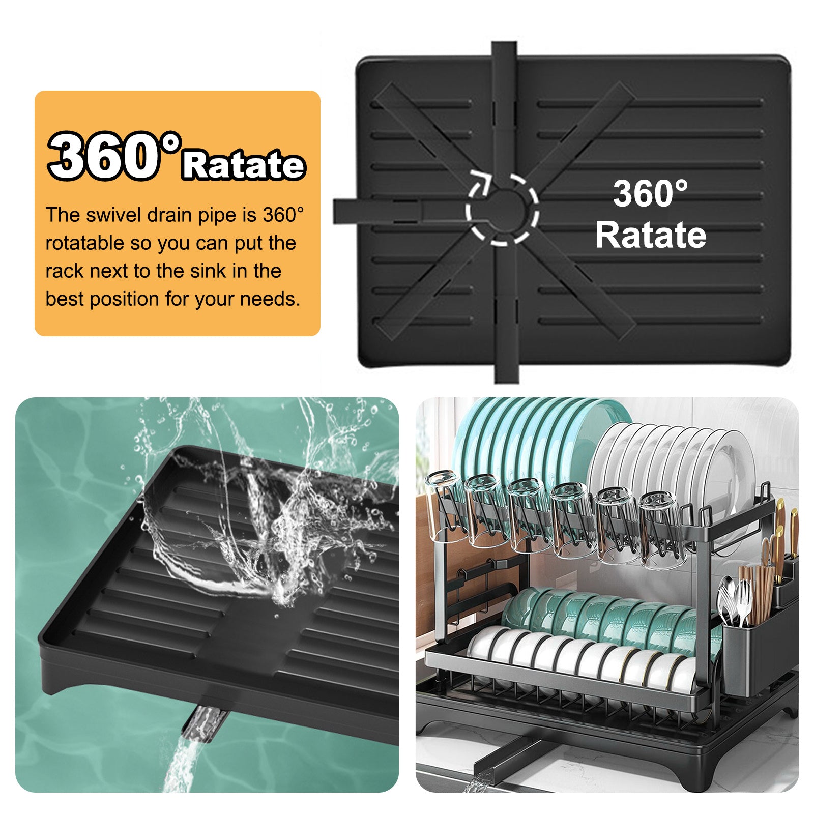 Dish Drying Rack, Multifunctional Dish Rack, Rustproof Kitchen Dish Drying Rack with Drainboard, Space-Saving 2-Tier Dish Drying Rack for Kitchen Counter, Rustproof & Sturdy, Black