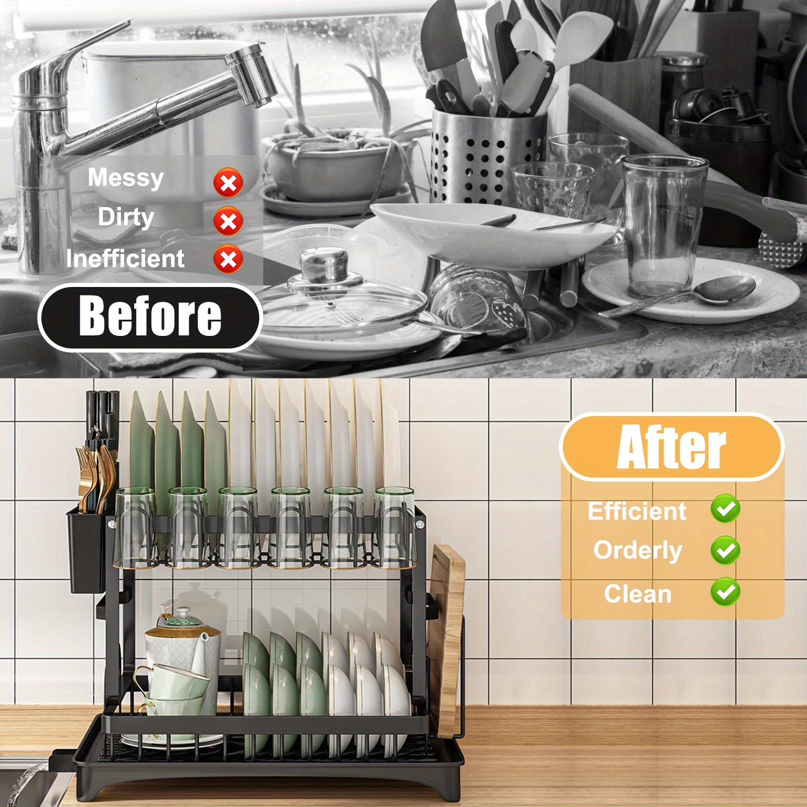 Dish Drying Rack, Multifunctional Dish Rack, Rustproof Kitchen Dish Drying Rack with Drainboard, Space-Saving 2-Tier Dish Drying Rack for Kitchen Counter, Rustproof & Sturdy, Black