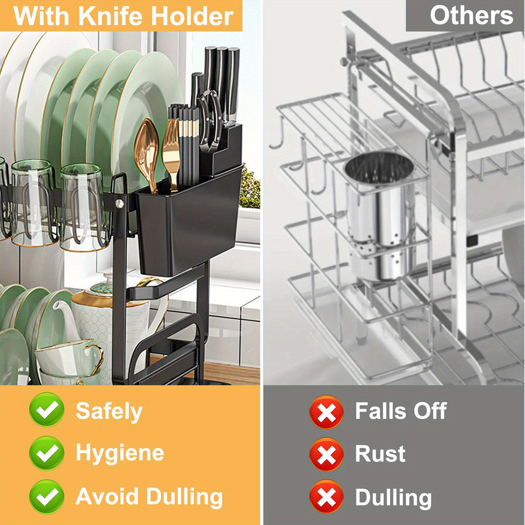 Dish Drying Rack, Multifunctional Dish Rack, Rustproof Kitchen Dish Drying Rack with Drainboard, Space-Saving 2-Tier Dish Drying Rack for Kitchen Counter, Rustproof & Sturdy, Black