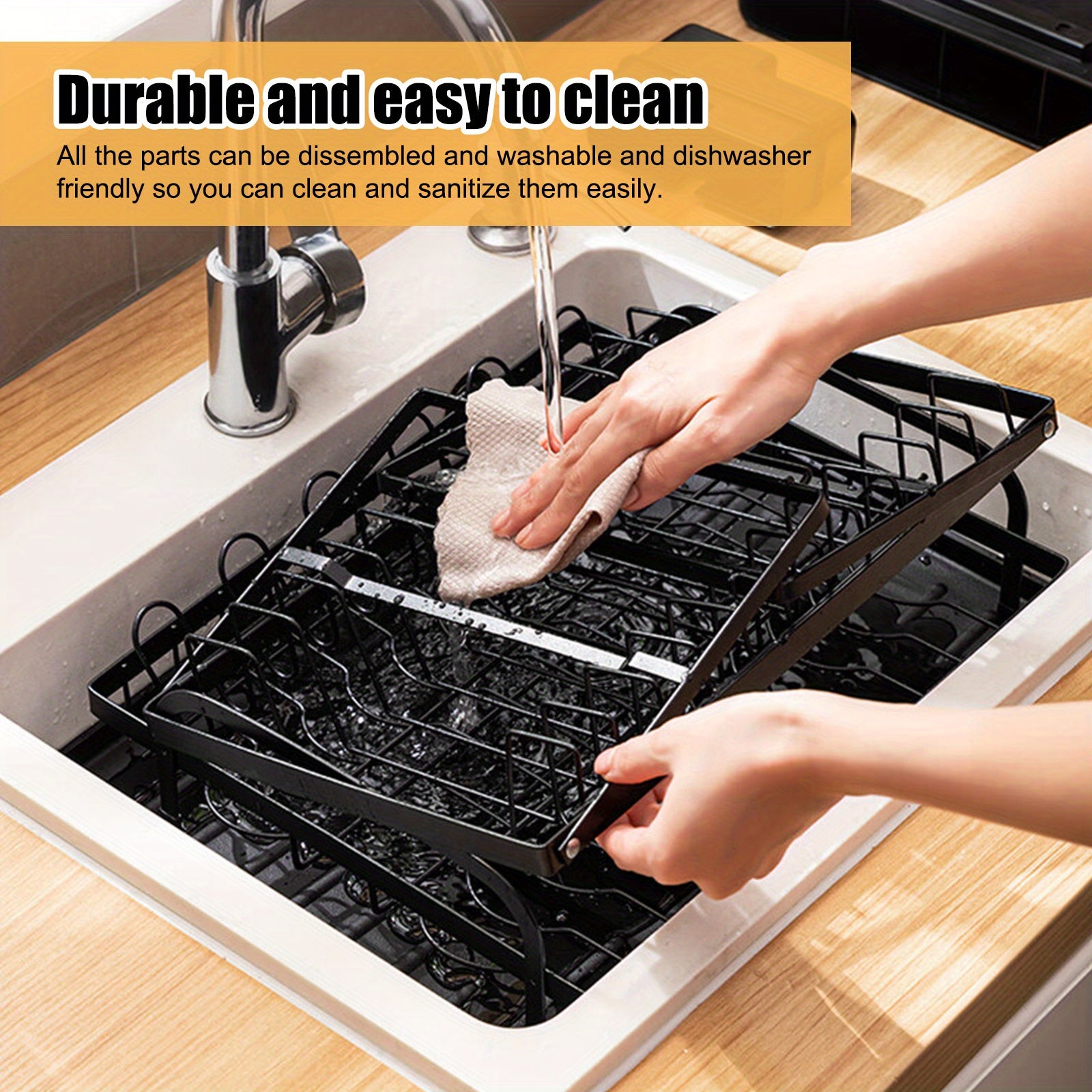 Dish Drying Rack, Multifunctional Dish Rack, Rustproof Kitchen Dish Drying Rack with Drainboard, Space-Saving 2-Tier Dish Drying Rack for Kitchen Counter, Rustproof & Sturdy, Black