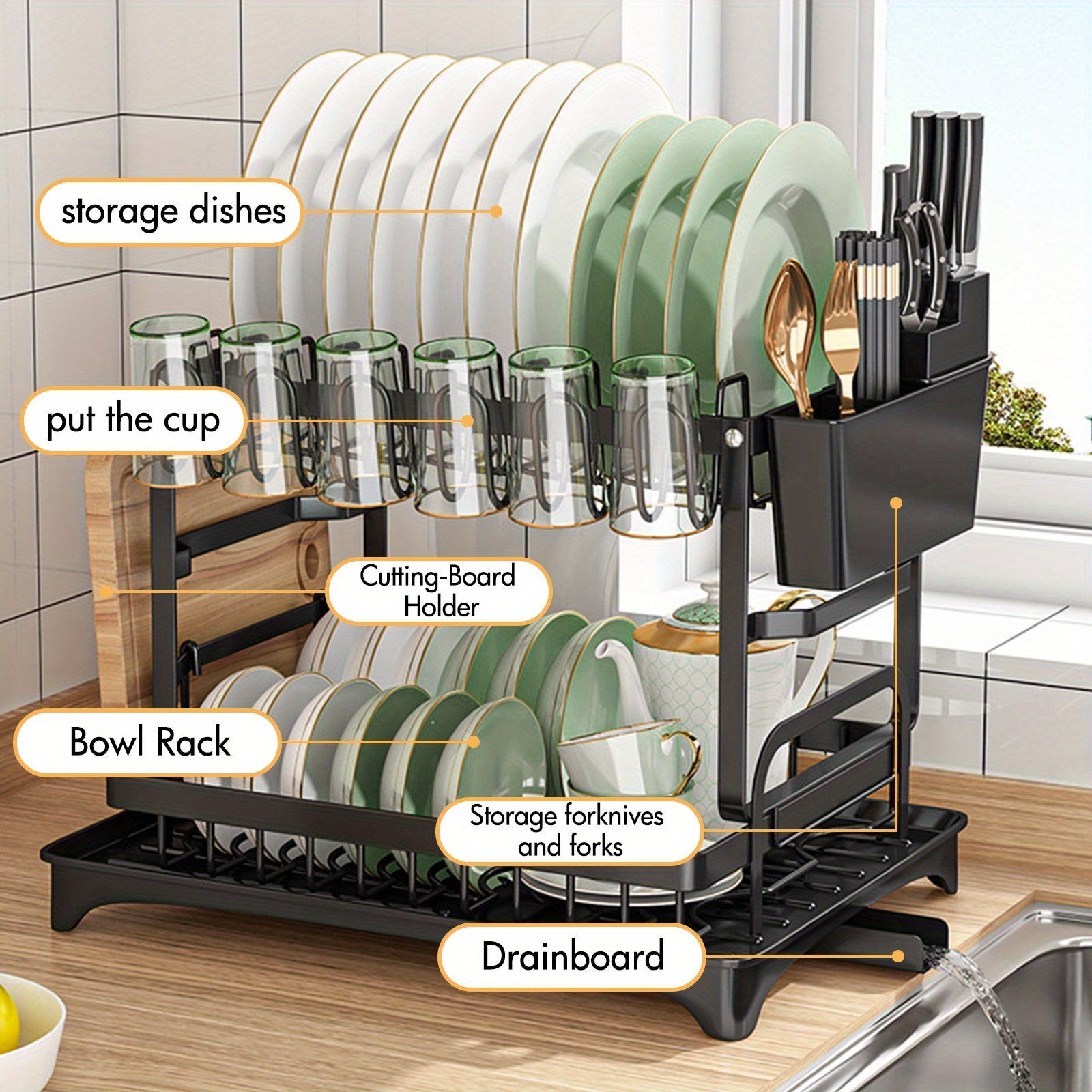 Dish Drying Rack, Multifunctional Dish Rack, Rustproof Kitchen Dish Drying Rack with Drainboard, Space-Saving 2-Tier Dish Drying Rack for Kitchen Counter, Rustproof & Sturdy, Black