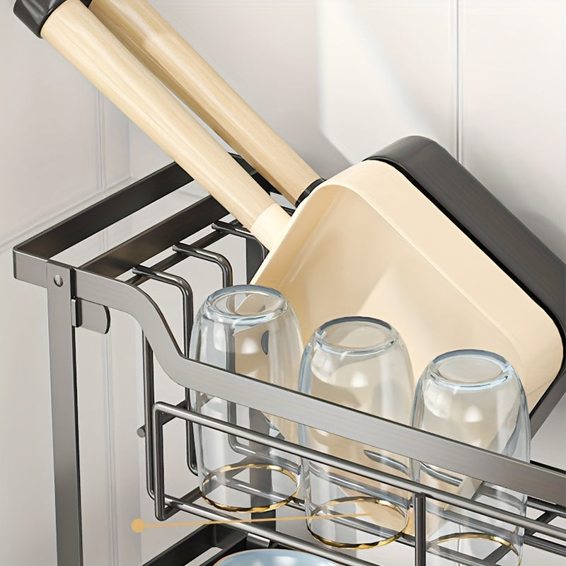 1pc Multifunctional Convenient Durable Kitchen Counter Top Sink Bowl Rack, Removable 2-tier Bowl Rack Drain Board, With Double-layer Bowl, Cup Rack, Drain Board, Adhesive Board Rack, Utensil Rack