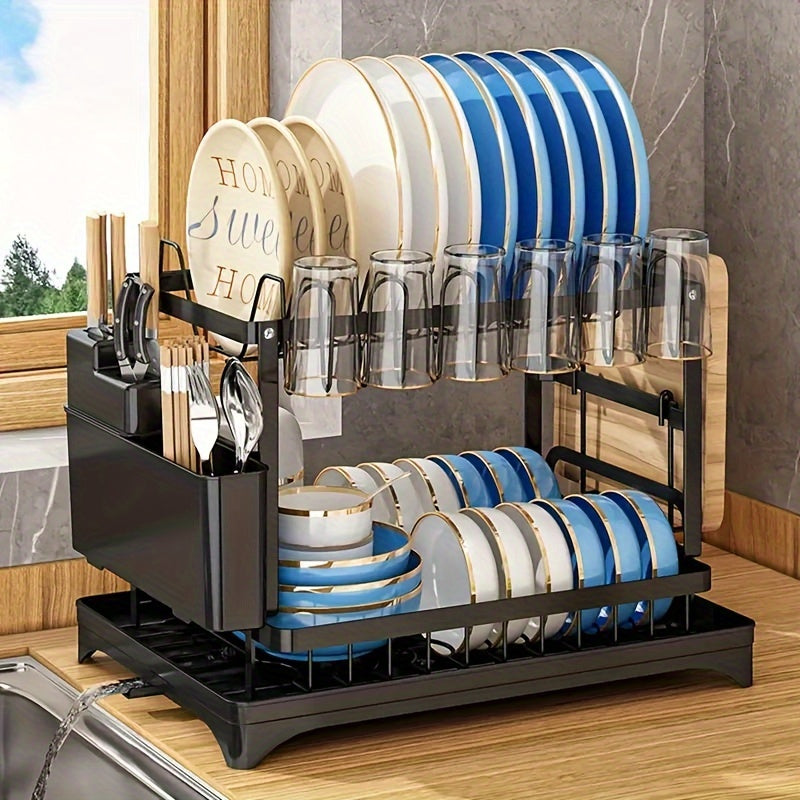Golden Type 2-Layer Dish Drain Rack - Space-Saving Kitchen Countertop Organizer with Knife Cup and Cutlery Rack for Bowl and Chopsticks - Perfect for Retail Store Display and Home Use