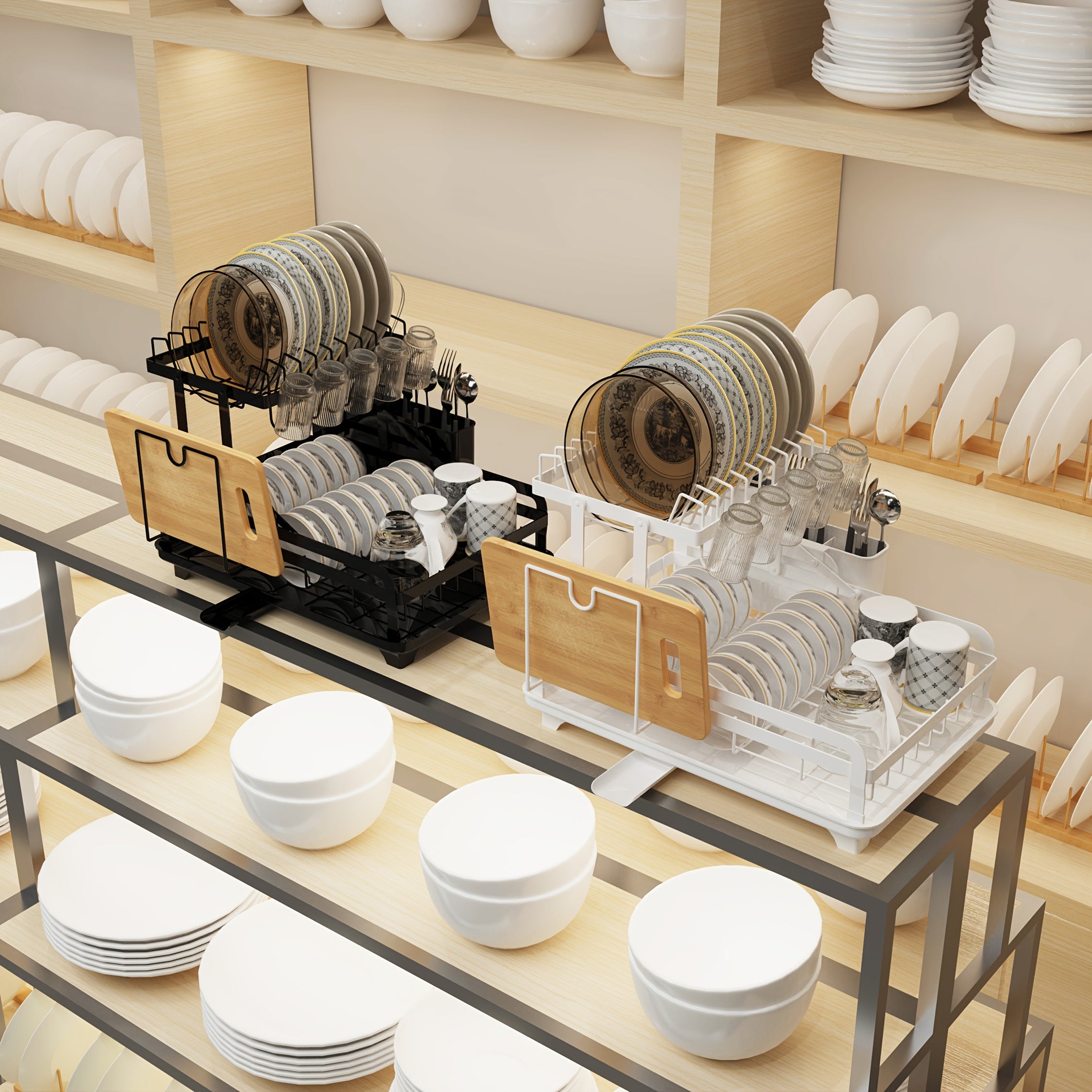 Golden Type 2-Layer Dish Drain Rack - Space-Saving Kitchen Countertop Organizer with Knife Cup and Cutlery Rack for Bowl and Chopsticks - Perfect for Retail Store Display and Home Use