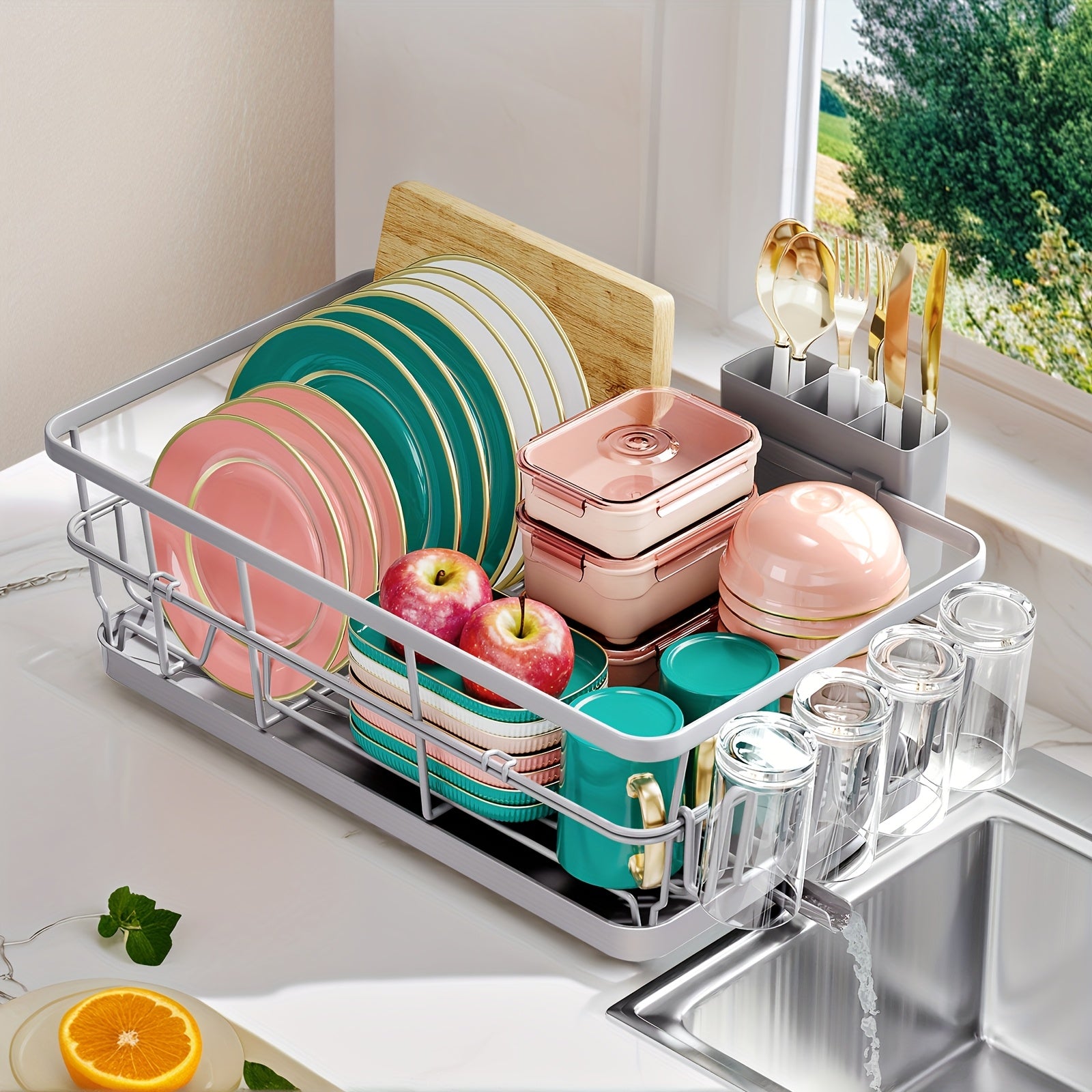 [LARGE KINGRACK Dish Rack] LARGE Metal KINGRACK Dish Drying Rack | Space-Saving Dish Drainer with Drain Board, Cup Holder, Cutlery Organizer, Plates, Bowls & Utensils Storage for Kitchen Counter & Sink