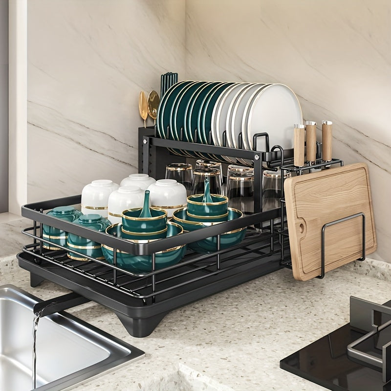 1pc Deluxe 2-Tier Kitchen Carbon Steel Dish Rack with Auto Drain, Knife Rack and Chopping Board Rack - Rust-resistant carbon steel, large capacity, easy to clean, ideal for bowl and chopstick storage, kitchen storage solution