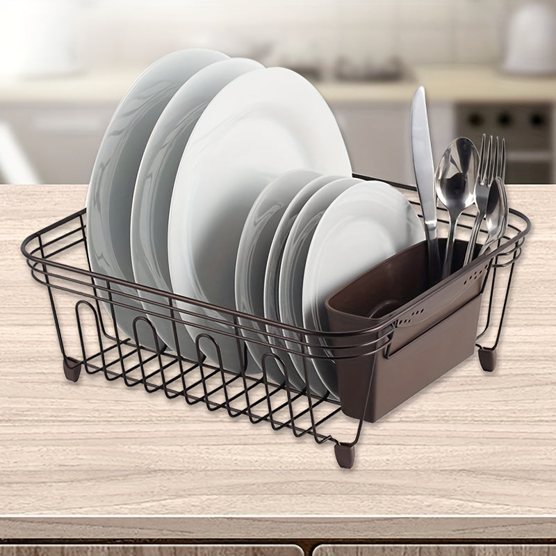 Iron Dish Drying Rack with Utensil Holder, Rust-Resistant Grooved Drain Strainer with Strong Load-Bearing Capacity for Home Kitchen Storage