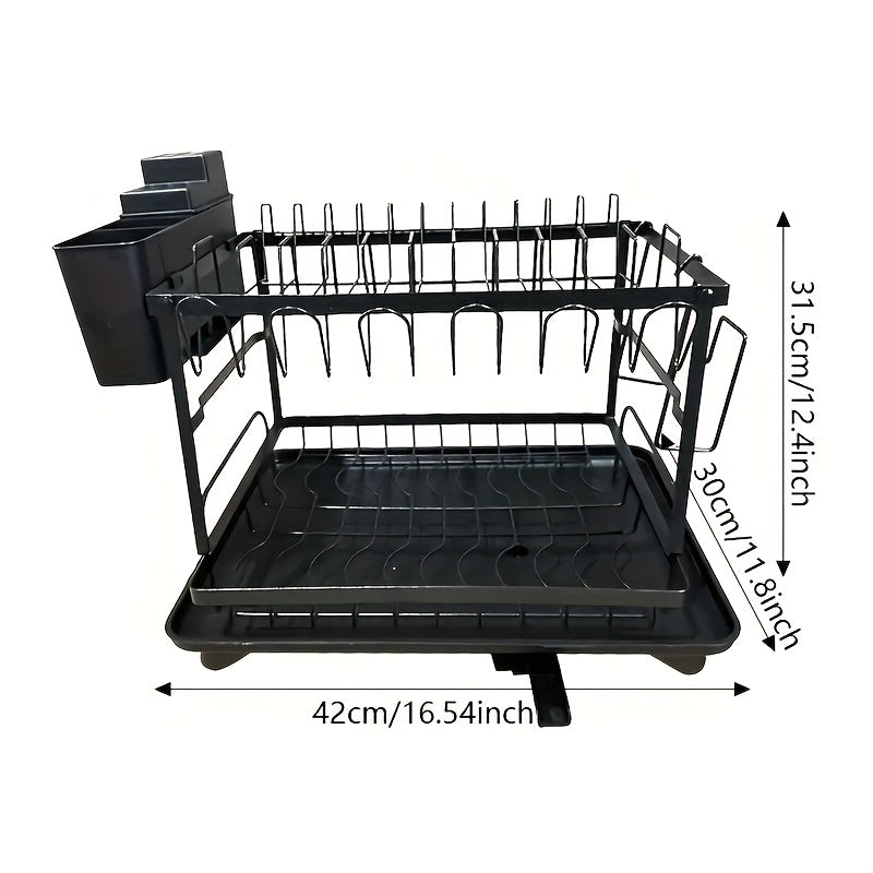 Two - Tier Kitchen Drying Rack with Utensil Holders - This Black, Detachable Metal Set Features a Drainboard And Is Designed As a Standing Shelf for Kitchen Counters. It'S Perfect for Drying Dishes And Keeping Utensils Within Reach. Use It in Any Kitchen