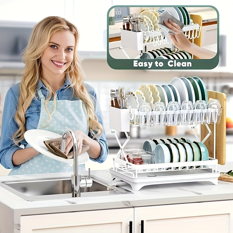 Multifunctional Dish Rack Organizer, Rustproof 2-Tier Dish Drying Rack with Drainer Plate, Space Saving for Cutlery, Knives, Wooden Cutting Boards - Modern Kitchen Shelf | Durable Metal Construction Kitchen Organizer Free Cleaning Cloth White, Dish Rack