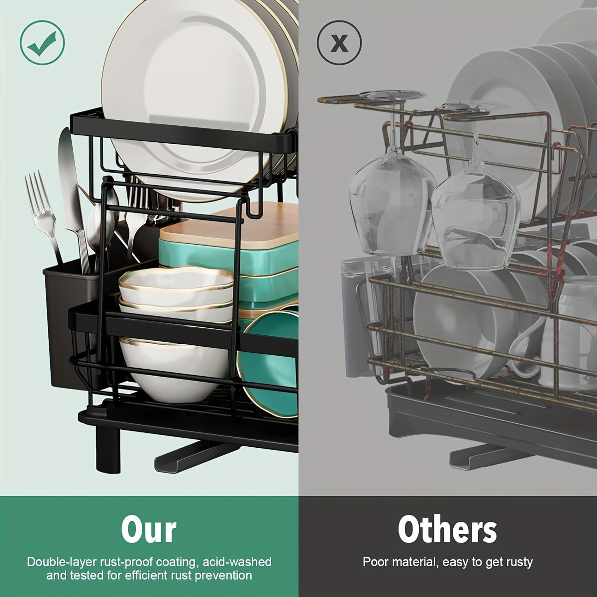 [2-Tier Dish Drying Rack] Large Capacity 2-Tier Dish Drying Rack for Kitchen Counter | Removable Utensil Holder, Drainboard, Kitchen Sink