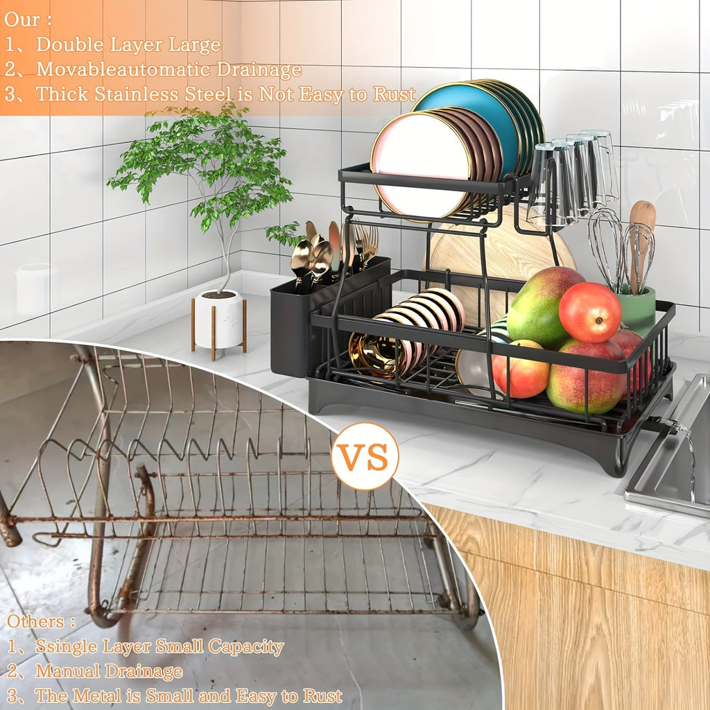 Dish Drying Rack, 2-Tier Dish Racks For Kitchen Counter, Dish Rack With Drainboard & Mat, Dish Drainer With Knife, Fork & Cup Rack, Gifts For Women, Mothers Day, Cool Stuff & Kitchen Gadgets