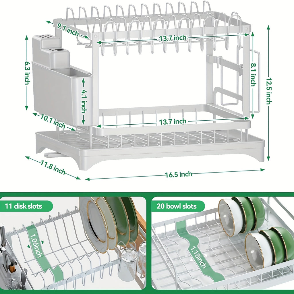 Multifunctional Dish Rack Organizer, Rustproof 2-Tier Dish Drying Rack with Drainer Plate, Space Saving for Cutlery, Knives, Wooden Cutting Boards - Modern Kitchen Shelf | Durable Metal Construction Kitchen Organizer Free Cleaning Cloth White, Dish Rack